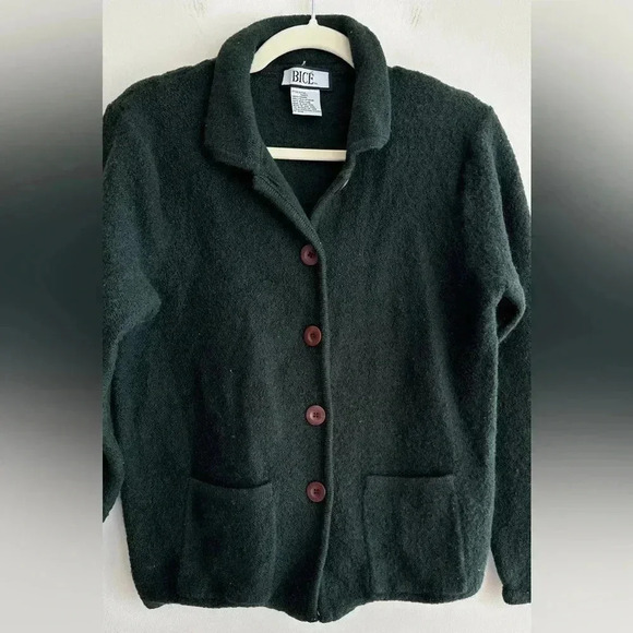 Bicé Forest Green 100% Wool Cardigan Sweater Jacket, Size Large - Picture 4 of 16